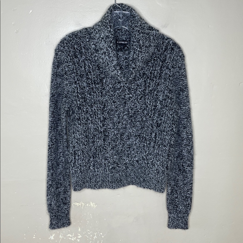 EXPRESS Cowl Neck Wool & Mohair Blend Black & Gray Marled Fisherman Sweater Sm